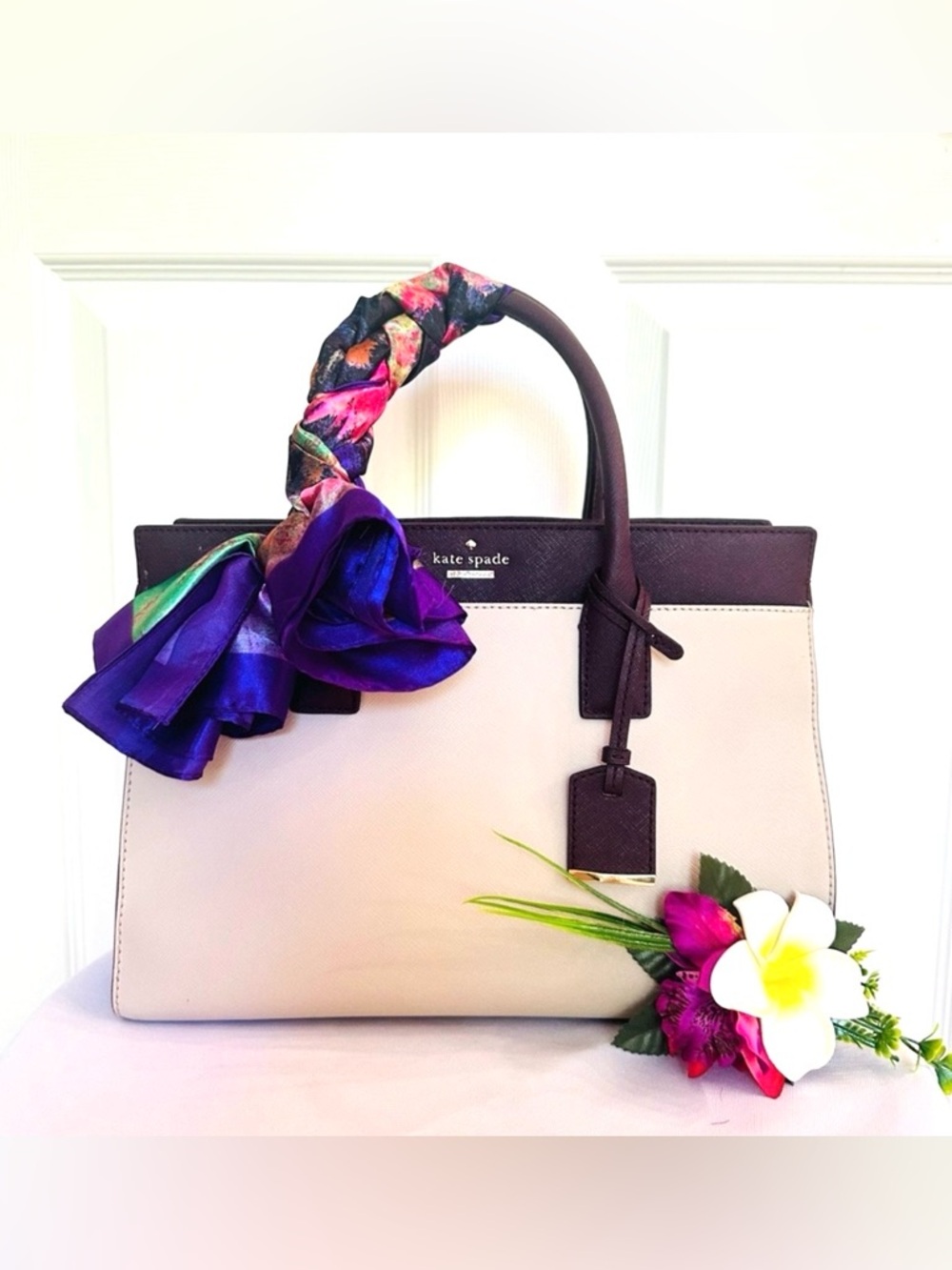 KATE SPADE ~ Two-Tone Cream, Dark Purple, and Lavender Satchel w/Colorful Scarf - Picture 13 of 14